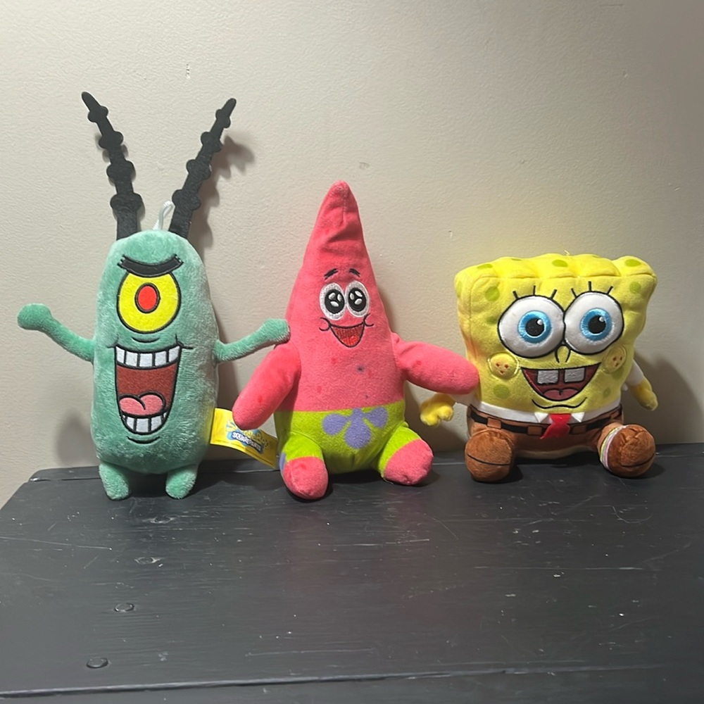 Three plushies SpongeBob plankton Patrick